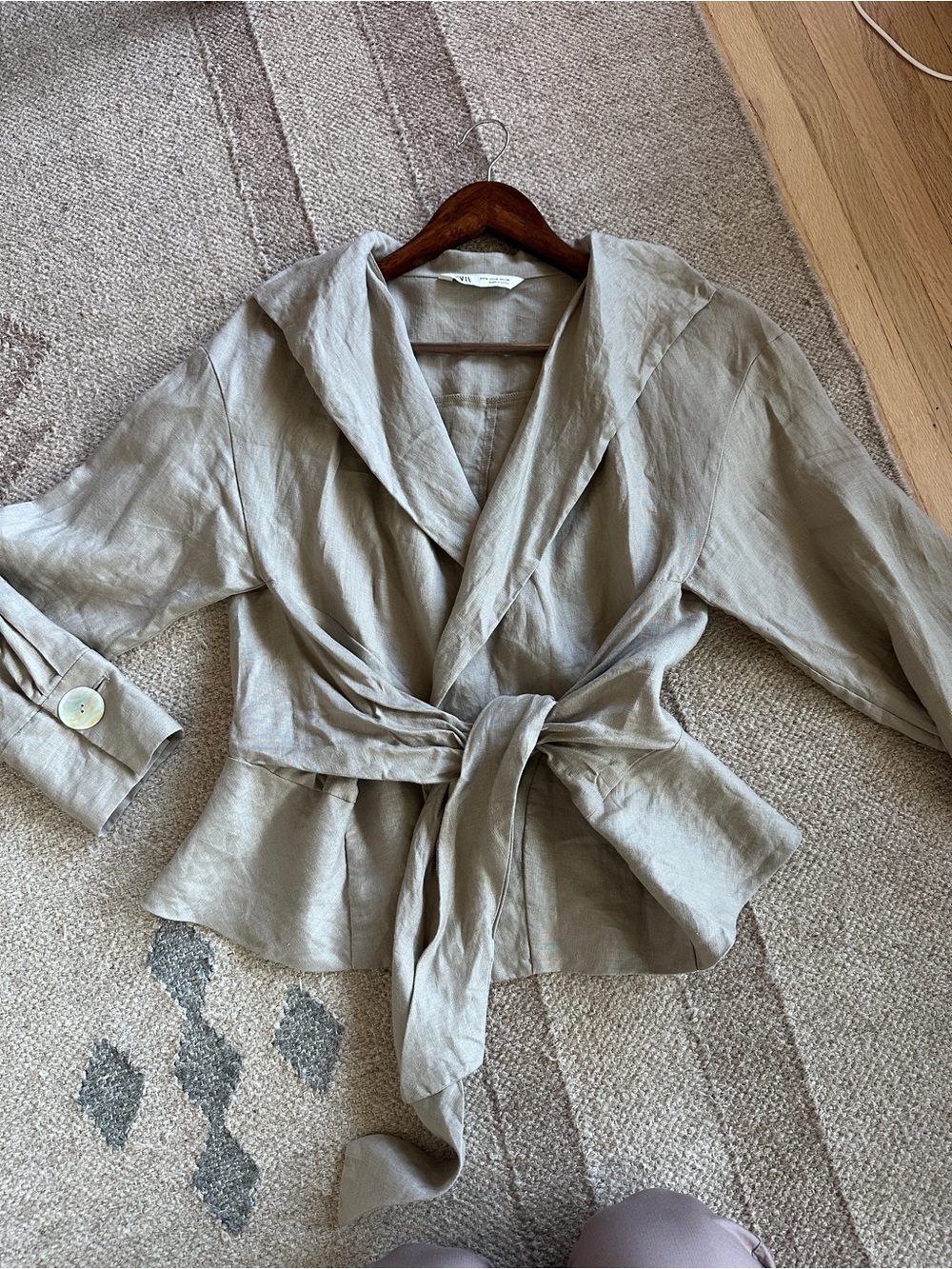 Zara 100% Linen Belted Wrap Blouse Taupe — M
